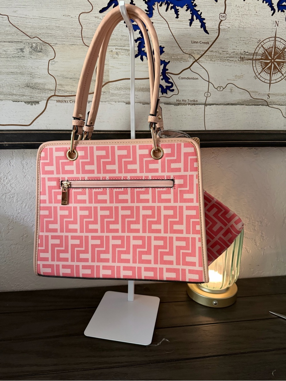 Pink Patterned Tote Bag with Matching Wristlet - Pink - Picture 2 of 3